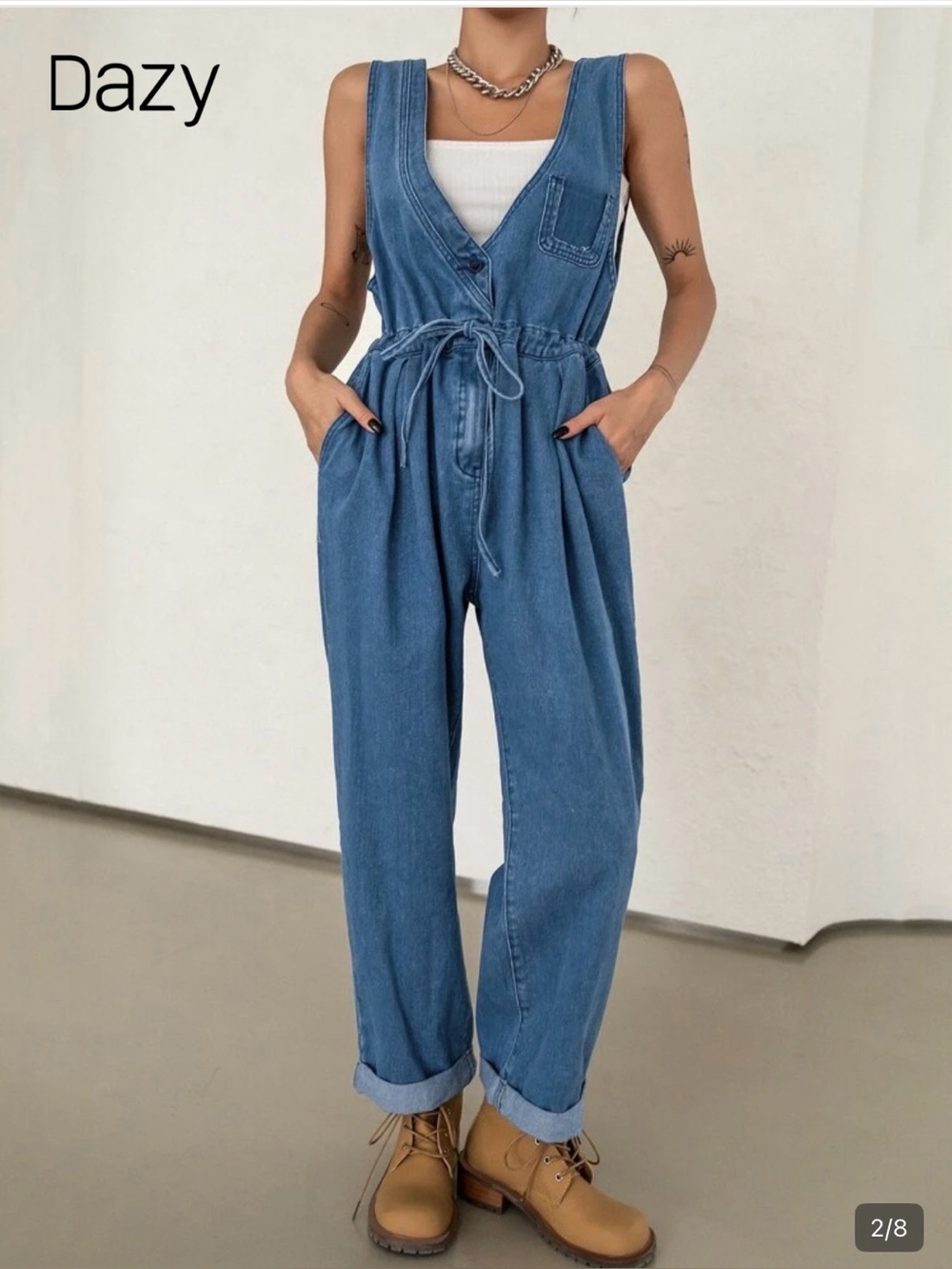 Light Blue Denim Women's Jean Overalls with Tie Waist